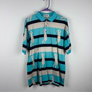 Vintage 1990s Antigua Men's Squires Print Striped Cotton Golfing Polo Shirt, L